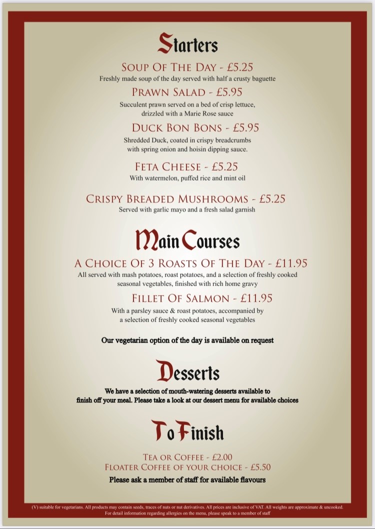 Sunday Lunch Menu Robin Hood Swannington